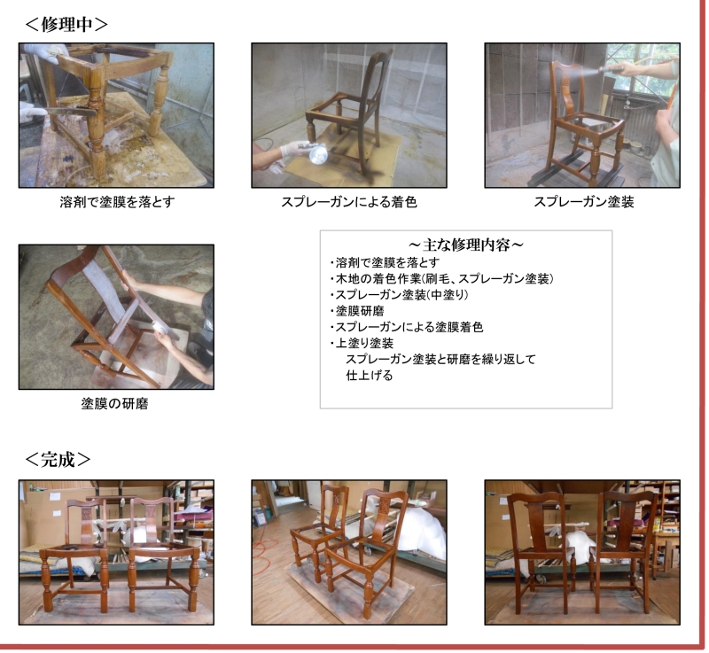 家具修理 アンティークチェアの塗装と張替修理 「家具の病院